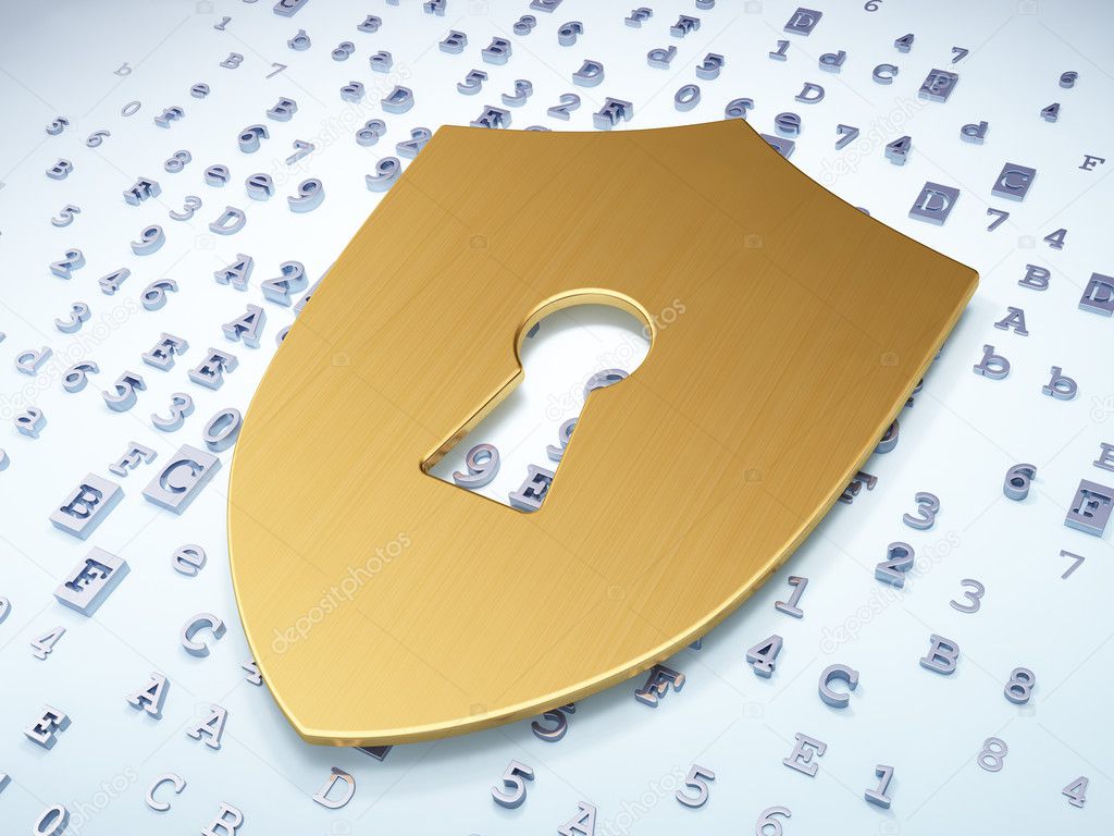 Safety concept: Golden Shield With Keyhole on digital background
