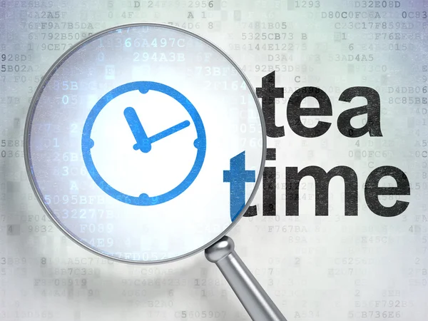 Tijdlijn concept: klok en Tea Time met optisch glas — Stockfoto