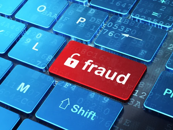 Veiligheidsconcept: hangslot en fraude op computer toetsenbord ba geopend — Stockfoto