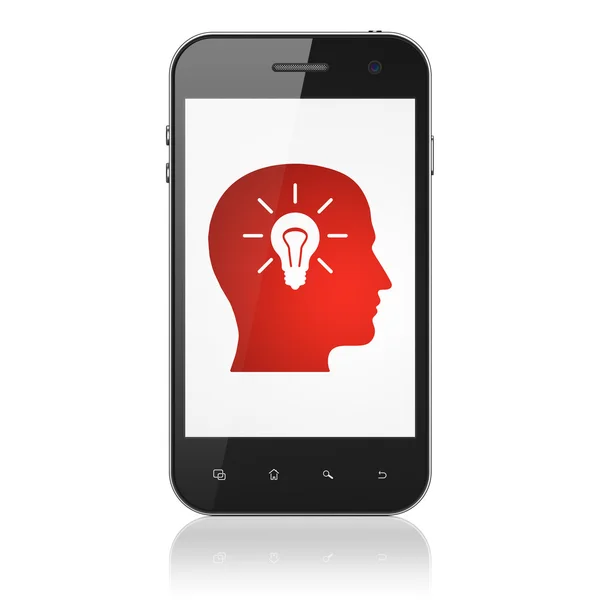 Education concept: Head With Light Bulb on smartphone — Stock Photo, Image