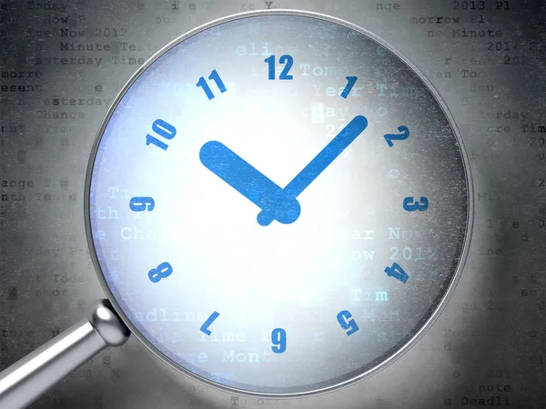 Концепция времени: часы с оптическим стеклом на цифровом фоне — стоковое фото