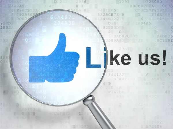 Social media concept: Like and Like us! with optical glass — Stock Photo, Image