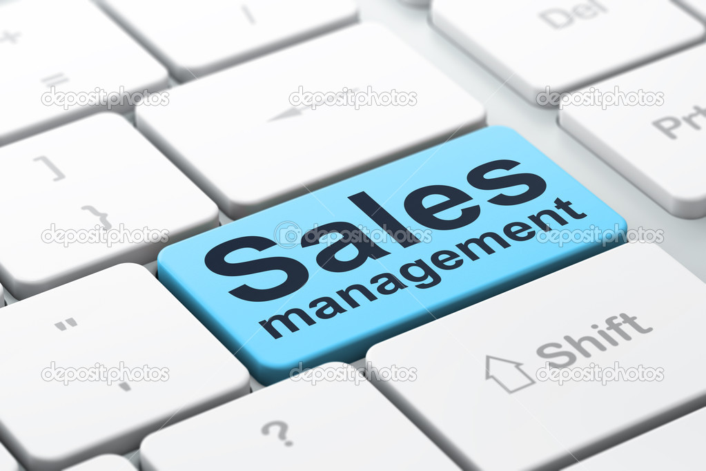 Advertising concept: Sales Management on computer keyboard backg