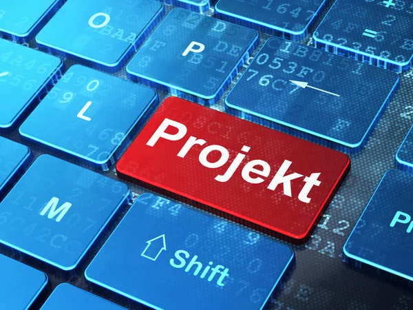 Концепция финансирования: Проект (немецкий язык) на фоне компьютерной клавиатуры — стоковое фото
