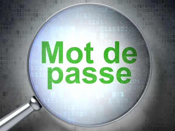 Turvallisuuskäsite: Mot de Passe (ranskalainen), jossa on optinen lasi numerolla — kuvapankkivalokuva