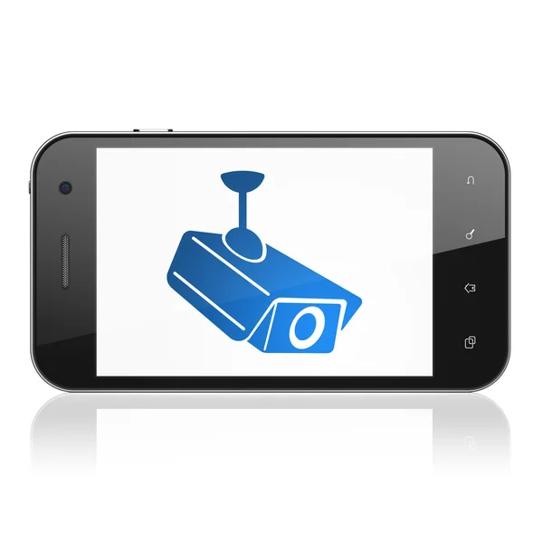 गोपनीयता अवधारणा: स्मार्टफ़ोन पर सीसीटीवी कैमरा — स्टॉक फ़ोटो, इमेज