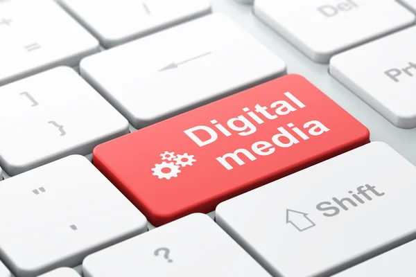Marketing concept: Gears and Digital Media on computer keyboard — Stock Photo, Image