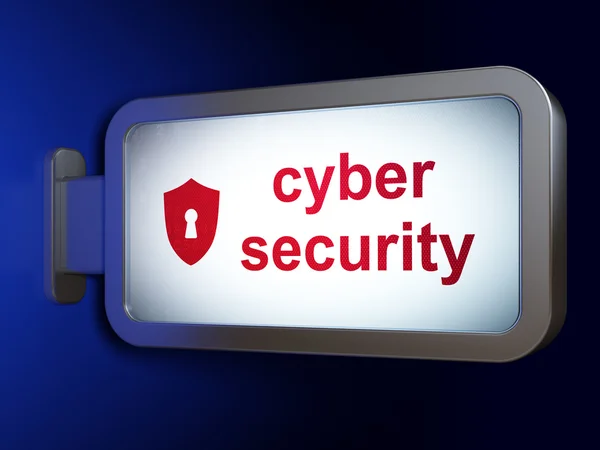 Datenschutzkonzept: Cyber-Sicherheit und Schutzschild mit Schlüsselloch auf Plakatwand — Stockfoto