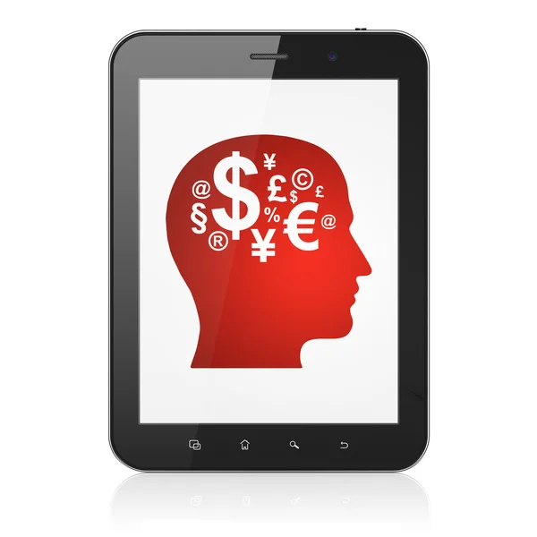 Bildungskonzept: Kopf mit Finanzsymbol auf Tablet-PC — Stockfoto