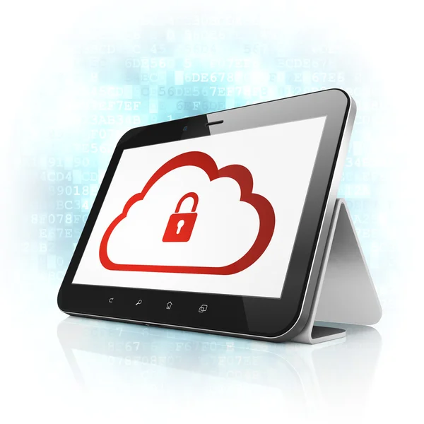 Návrh technologie cloud: mrak s visacím zámkem na počítači tablet pc — Stock fotografie