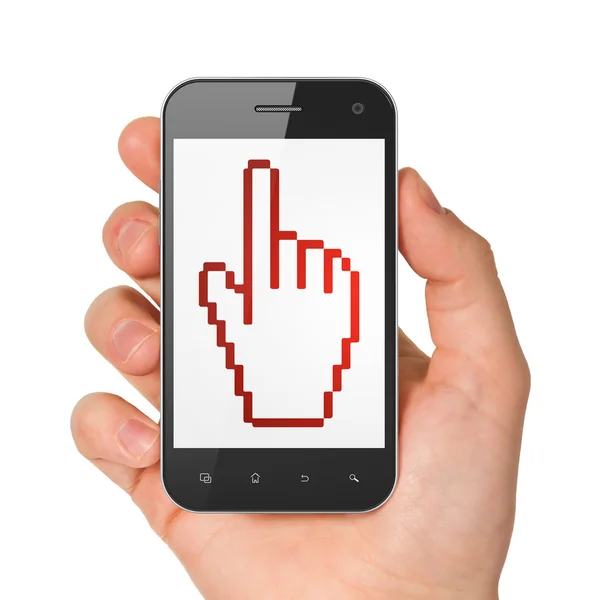 Concepto de red social: Mouse Cursor en smartphone — Foto de Stock