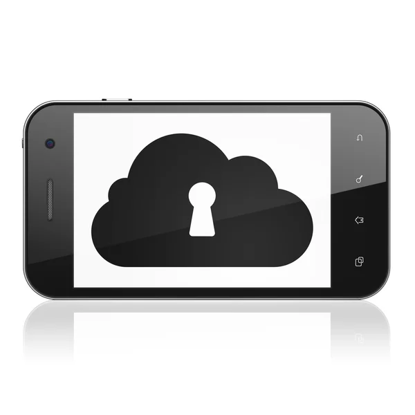 Concepto de computación en nube: Nube con ojo de cerradura en smartphone — Foto de Stock