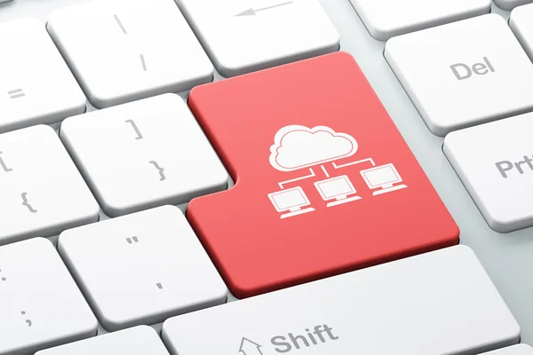 Concepto de computación en nube: Red en la nube en el fondo del teclado del ordenador — Foto de Stock