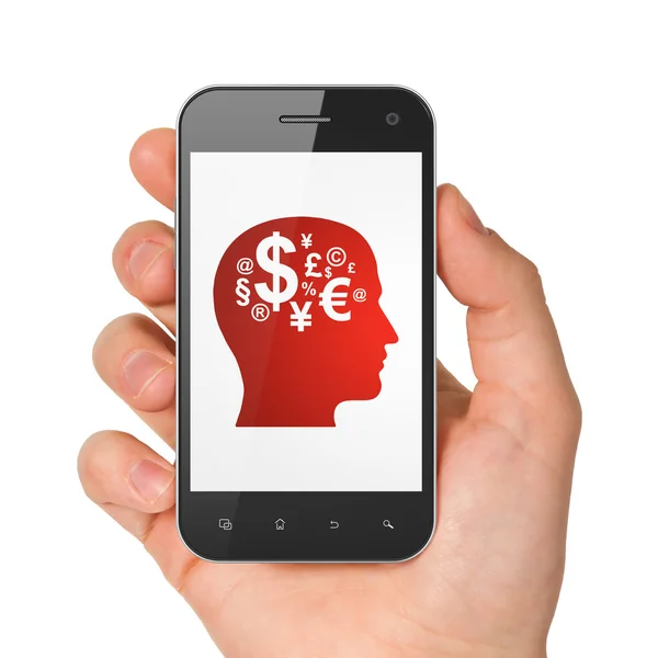 Bildungskonzept: Kopf mit Finanzsymbol auf Smartphone — Stockfoto
