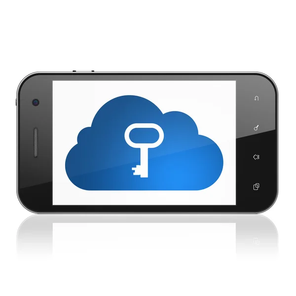 Облачные вычисления: облако с ключом на смартфоне — стоковое фото