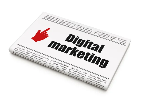 Marketingconcept nieuws: krant met digitale marketing en muis cursor — Stockfoto