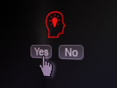 Ekonomi kavramı: dijital bilgisayar ekranında ampul ile baş