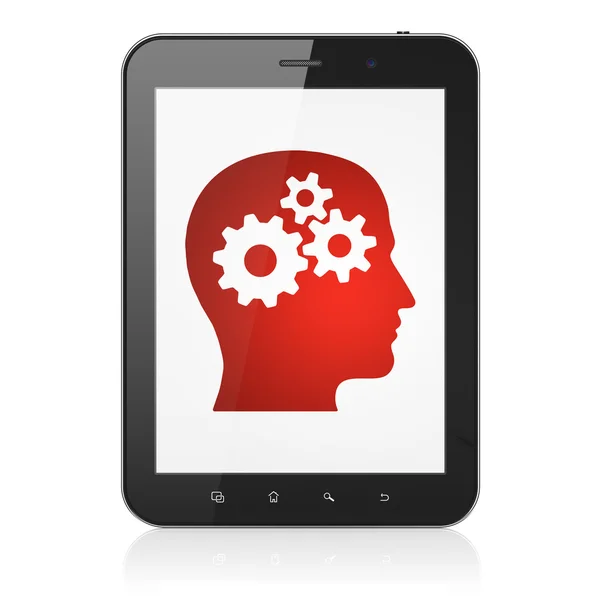 Έννοια της εκπαίδευσης: κεφάλι με γρανάζια σε υπολογιστή tablet pc — Φωτογραφία Αρχείου