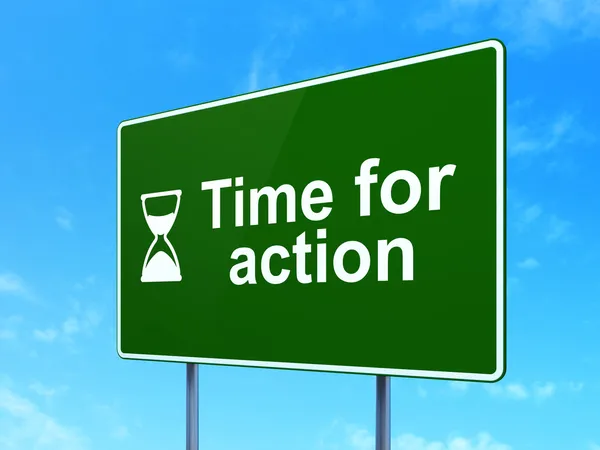 Timeline concept: Time for Action and Hourglass on road sign background — Stock Photo, Image