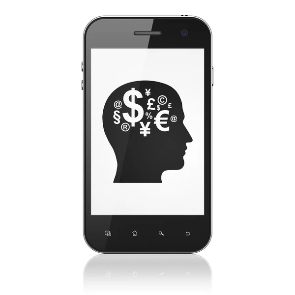 Geschäftskonzept: Kopf mit Finanzsymbol auf dem Smartphone — Stockfoto