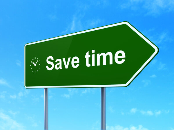 Timeline concept: Save Time and Clock icon on green road (highway) sign, clear blue sky background, 3d render