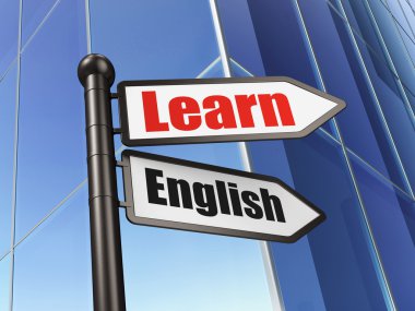 Eğitim kavramı: işareti arka bina İngilizce öğrenmek