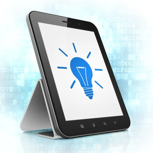 Finanzierungskonzept: Glühbirne auf Tablet-PC — Stockfoto