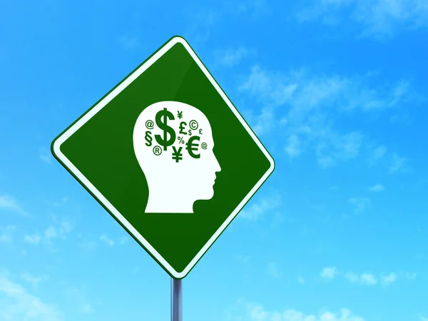 Conceito de publicidade: Head With Finance Symbol on road sign background — Fotografia de Stock