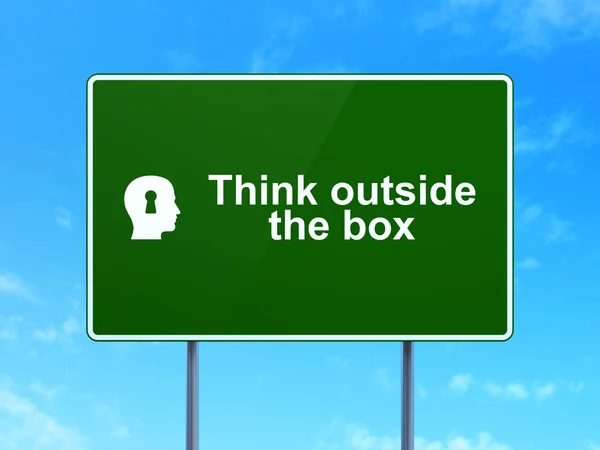 Education concept: Think outside The box and Head With Keyhole on road sign background — Stock Photo, Image