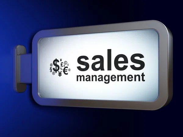 Concepto publicitario: Símbolo de gestión de ventas y finanzas en fondo de valla — Foto de Stock