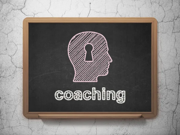 Education concept: Head With Keyhole and Coaching on chalkboard background — Stock Photo, Image