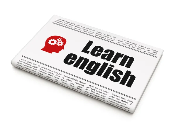 Koncepcja edukacji wiadomości: gazeta z uczą się angielskiego i głowy — Zdjęcie stockowe