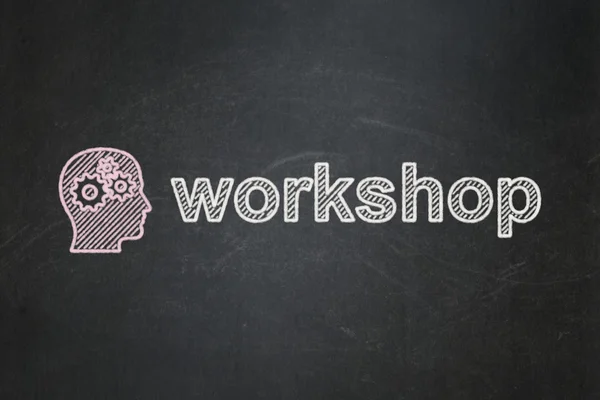 Education concept: Head With Gears and Workshop on chalkboard background — Stock Photo, Image