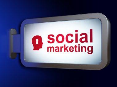 pazarlama kavramı: sosyal pazarlama ve kafa üzerinde anahtar deliği ile billboard arka plan