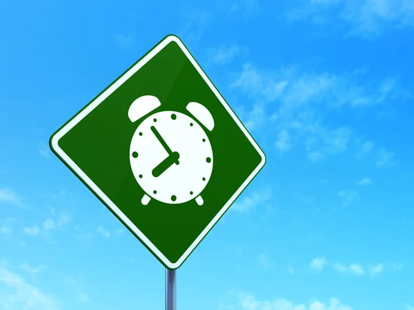 Timeline concept: Alarm Clock on road sign background — Stock Photo, Image