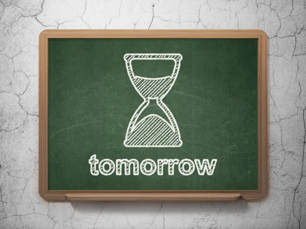 Tijd concept: zandloper en morgen op schoolbord achtergrond — Stockfoto