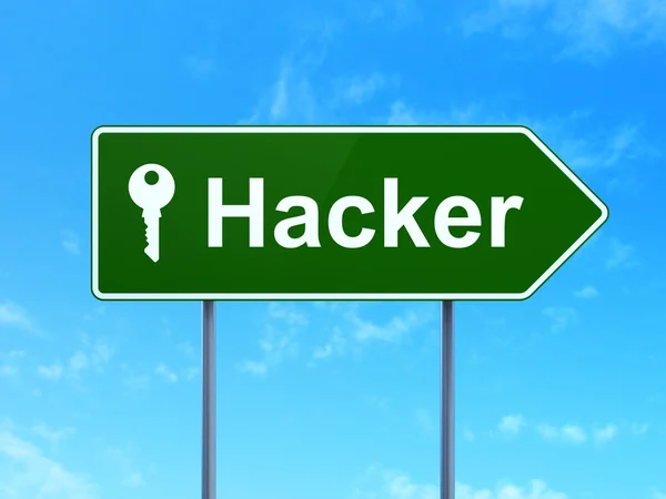 Safety concept: Hacker and Key on road sign background — Stock Photo, Image