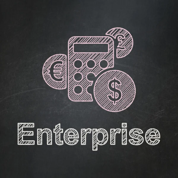 Concept de finance : Calculatrice et Enterprise sur fond de tableau — Photo