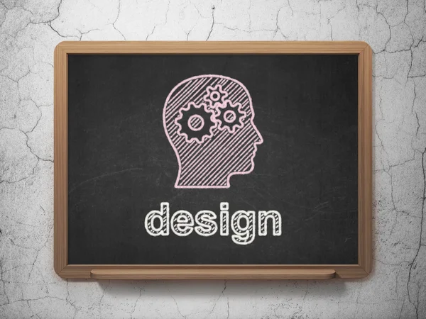 Marketing concept: Head With Gears and Design on chalkboard background — Stock Photo, Image