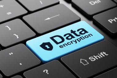 koruma kavramı: bilgisayar klavye arka plan üzerinde anahtar deliği ve veri şifreleme ile kalkan