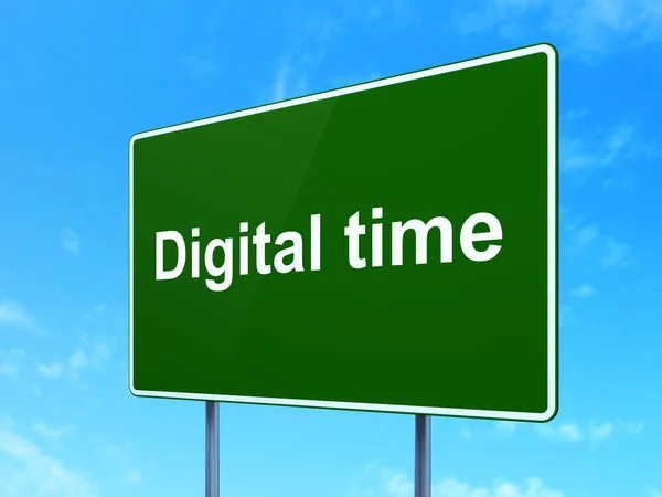 時間の概念: 道路標識背景にデジタル時間 — ストック写真
