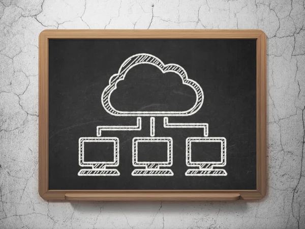 Návrh technologie cloud: mrak síť na tabuli pozadí — Stock fotografie