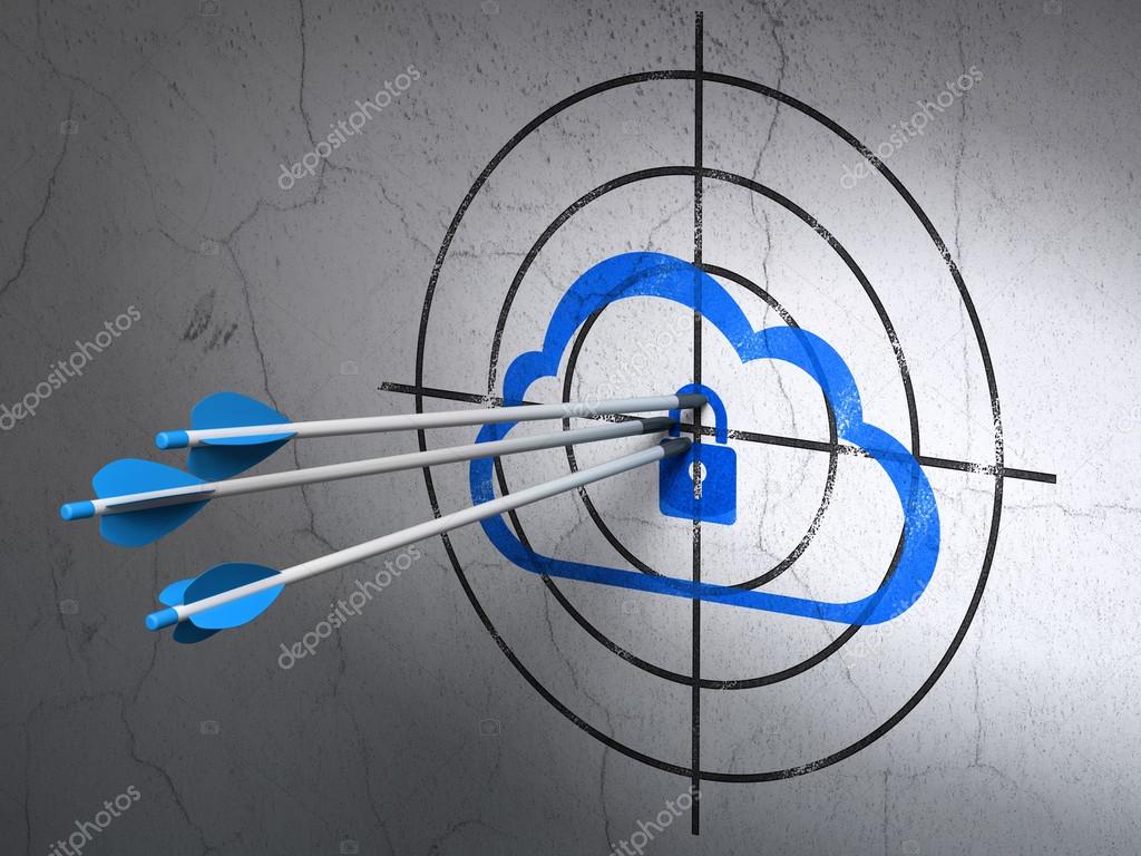 Cloud technology concept: arrows in Cloud With Padlock target on wall background
