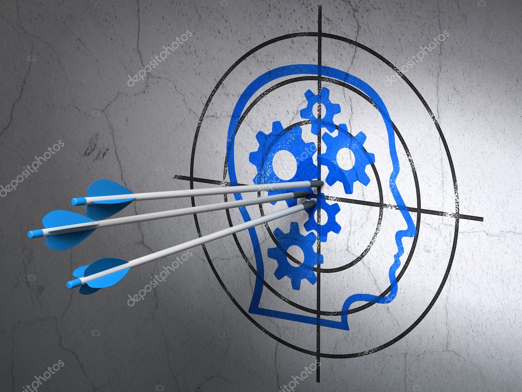Information concept: arrows in Head With Gears target on wall background
