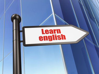 Eğitim kavramı: işareti arka bina İngilizce öğrenmek