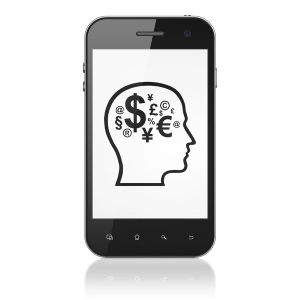 Marketingkonzept: Kopf mit Finanzsymbol auf Smartphone — Stockfoto