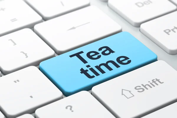 Conceito de tempo: Tea Time no fundo do teclado do computador — Fotografia de Stock