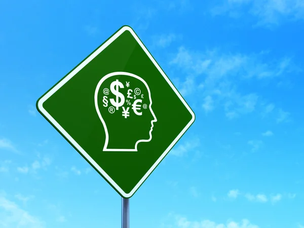 Marketing concept: Head With Finance Symbol on road sign background — Stock Photo, Image