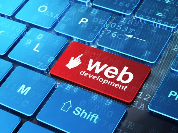 Web-Entwicklungskonzept: Mauszeiger und Web-Entwicklung auf Computer-Tastatur-Hintergrund — Stockfoto