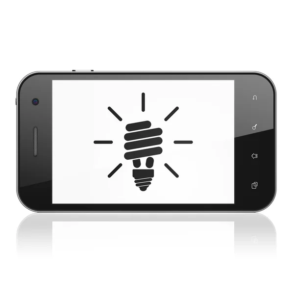 Business concept: Lampada a risparmio energetico su smartphone — Foto Stock